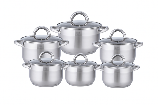Set de Ollas de Acero Inoxidable 12 Piezas con Tapas de Vidrio