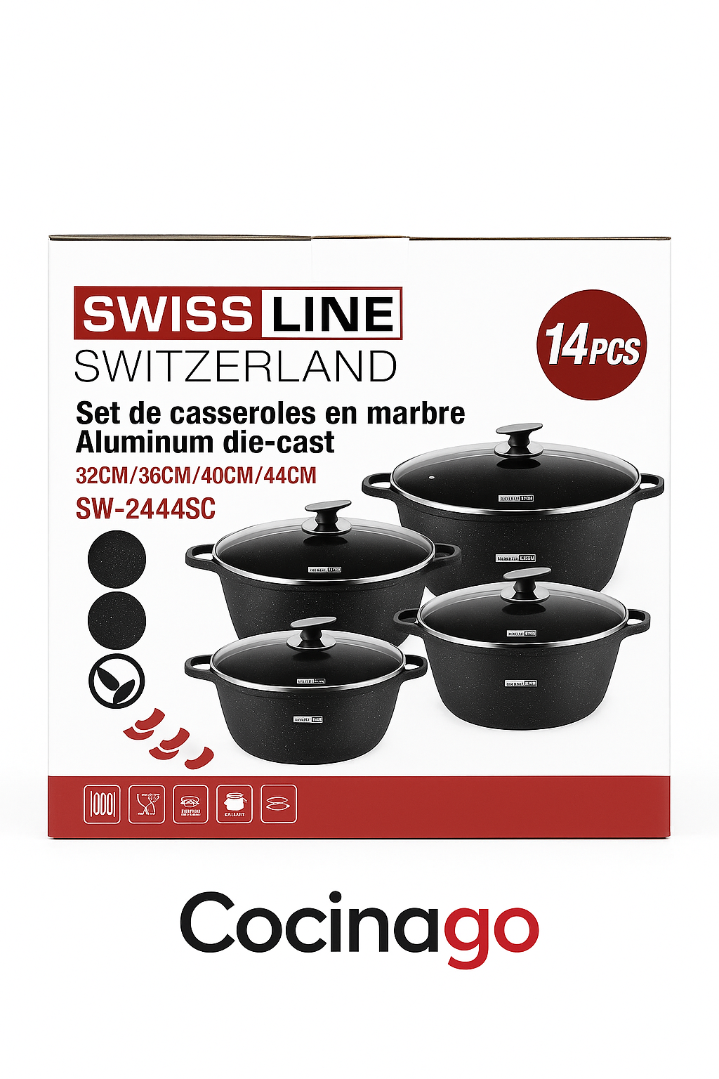 “Swissline Set de 4 Cacerolas Grandes Negras con Tapa de Cristal”