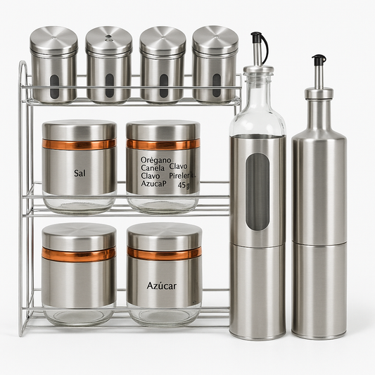 Juego de Frascos y Especieros con Soporte Metálico